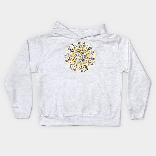 Stained Glass Mandala - Mustard Yellow & Navy Kids Hoodie by TigaTiga